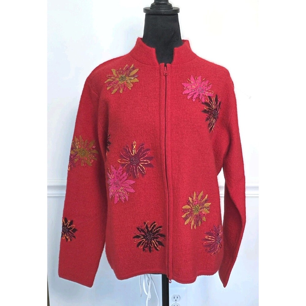 Susan Bristol Vintage 100% Wool Jacket L Red Floral Applique Embroidered Art Wea